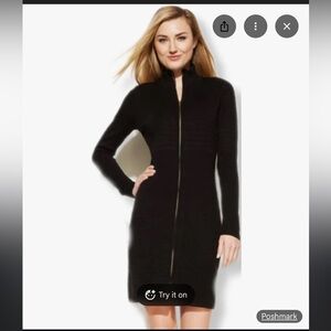 ELLEN TRACY Classic Black Ribbed-Knit Zipper Front Sweater Dress Soze Small